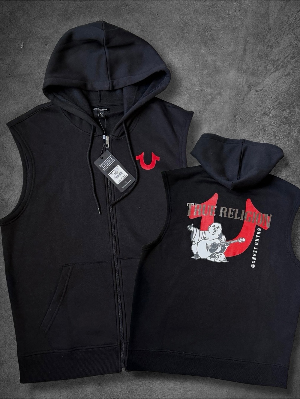 True Religion Men’s Black Muscle Zip-up Hoodie with Red Logo